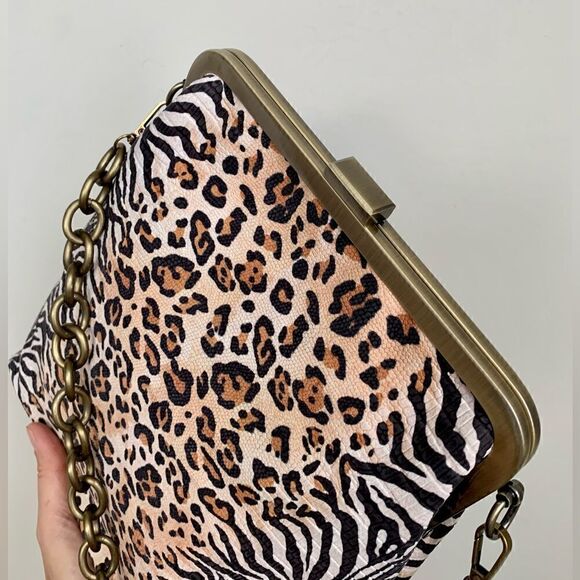 Handmade Genuine Embossed Leather Leopard Print, Metal Frame Handbag/Crossbody - Picture 9 of 14